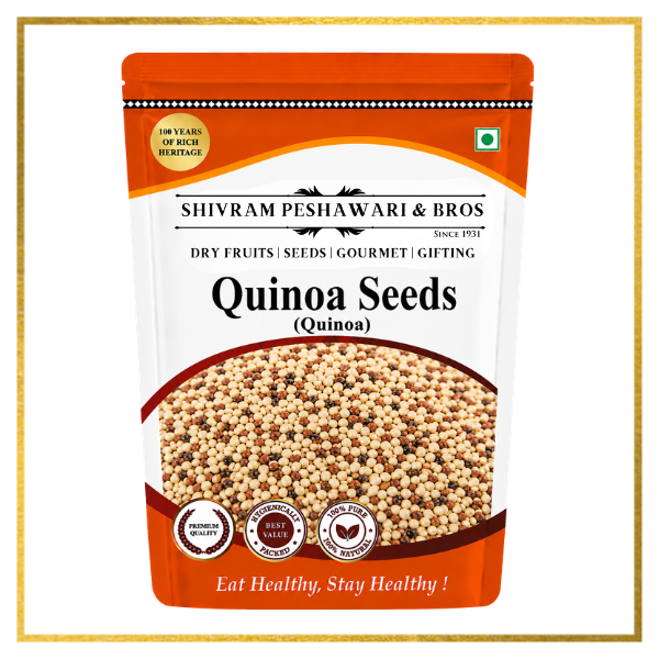 Shivram Peshawari & Bros quinoa seeds resealable pouch with mixed tri-color seeds visible through front window